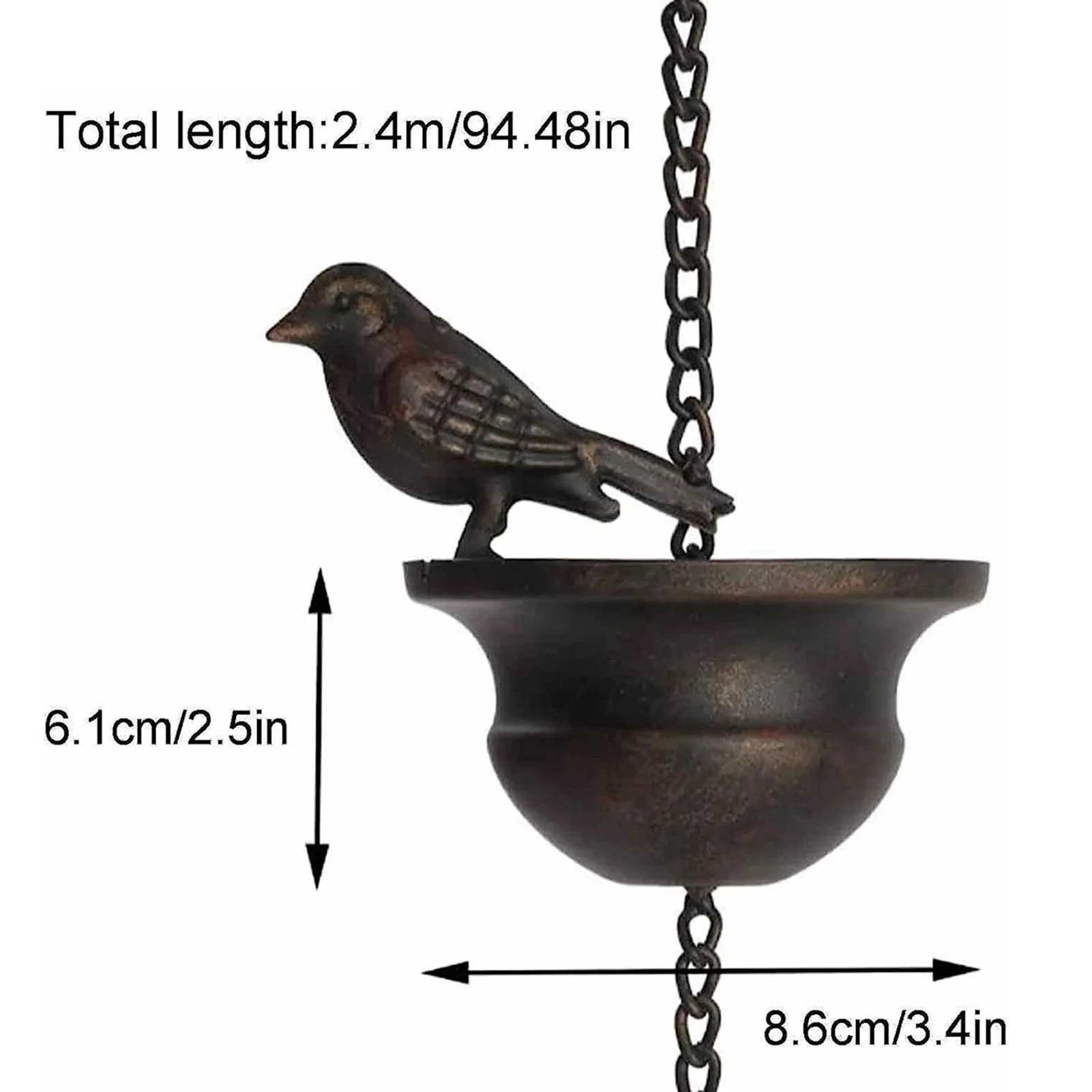 7.9ft Birds On Cup Rain Chain For Gutters Decorative Rain Chimes For Outside Vintage Garden Rainwater Diverter Catcher Chains