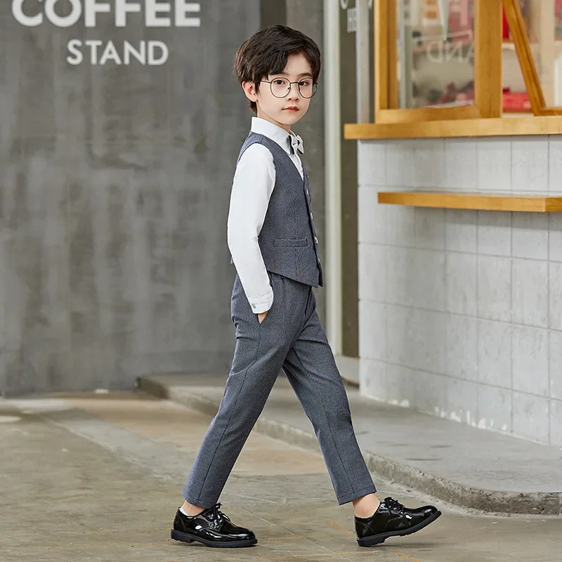 Gray Formal Baby Boy Suits Elegant Children School Uniform Gentleman New Year Kids Clothes Dresses Boy Wedding Outfits