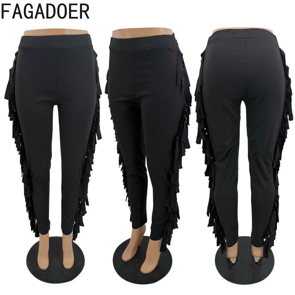 FAGADOER Autumn Winter Tassels Skinny Pants Women High Waisted Trousers Casual Lady Solid Color Sporty Matching Bottoms 2023 New