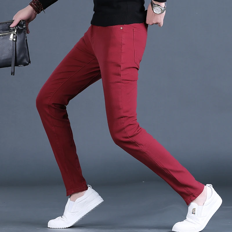 Autumn Men's Red Jeans Casual Slim Fit Straight Leg Pants Streetwear Fashion Cotton Denim Trousers CP2069