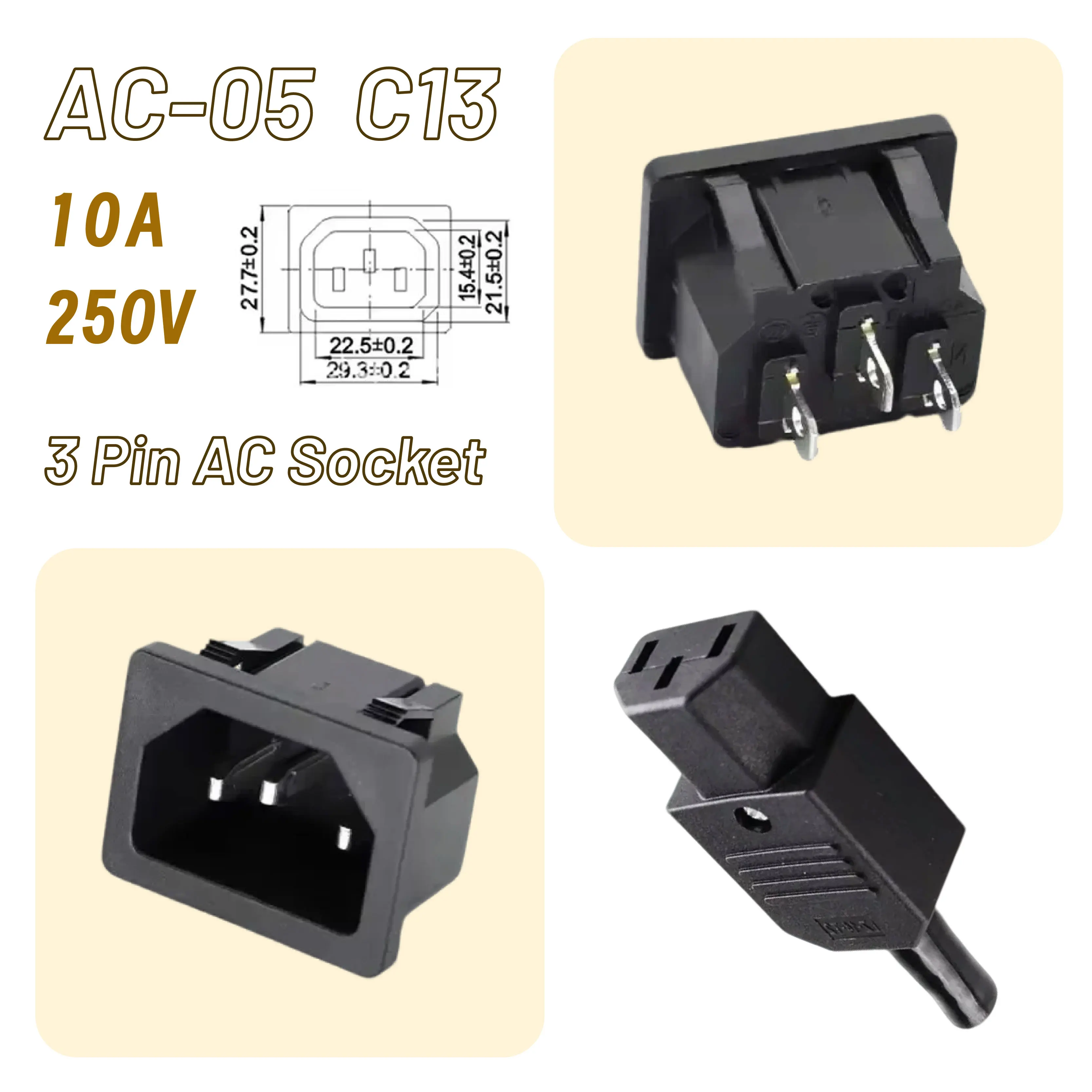 AC-05 IEC C13 แผงติดตั้งช่องเสียบไฟ 10A 250V สำหรับเครื่องขยายเสียงคอมพิวเตอร์เซิร์ฟเวอร์ 1