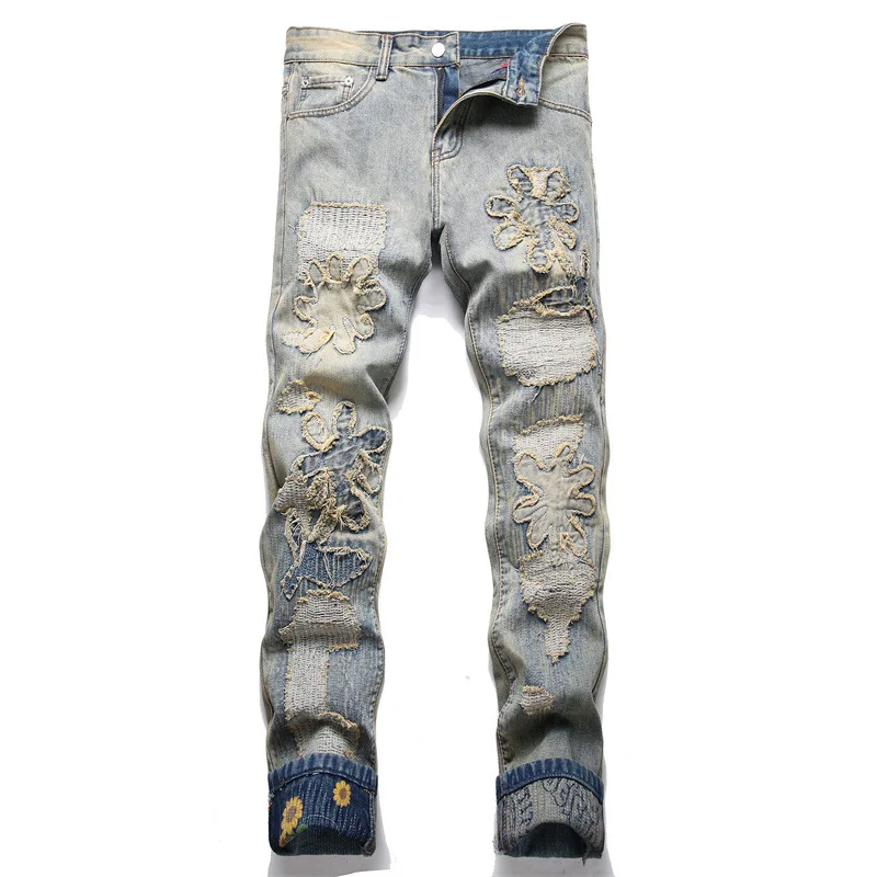

Men's High Street Destroyed Jeans Pants With Patchwork Fashion Streetwear Ripped Vintage Denim Trousers Washed Blue Bottoms