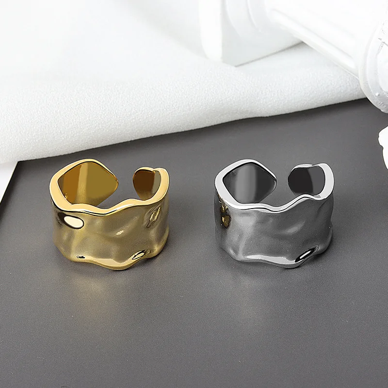 Yerik Silberfarbener unregelmäßiger handgefertigter Ring für Damen und Herren, kreativ, geometrisch, breit, Anillos, Schmuck, Geschenke, Größe 16,5 mm, verstellbar – Detail 15