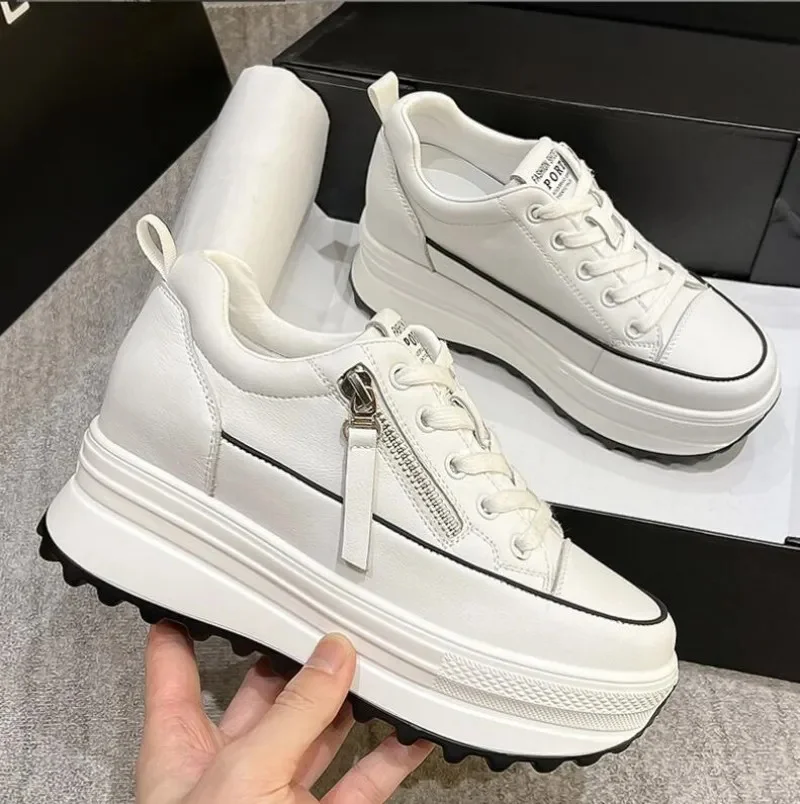 

New 7cm Genuine Leather Women Casual Shoes Platform Wedge Female Fashion Sneakers Chunky Spring Autumn Summer