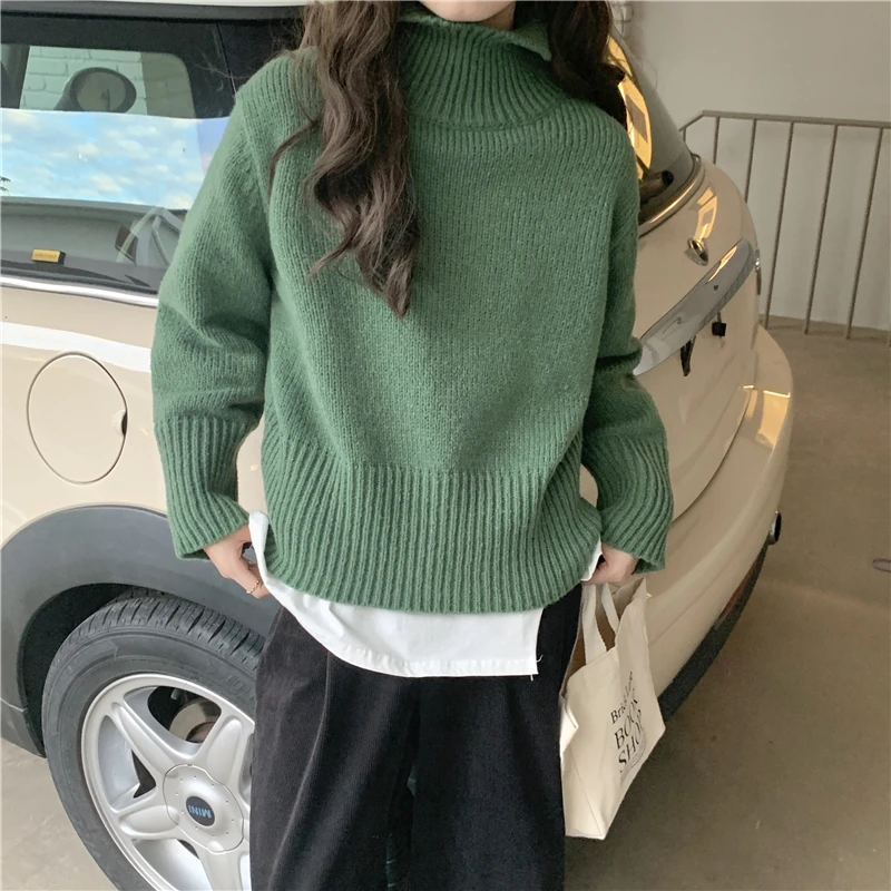 pink sweater HziriP Soft Loose Knitted Sweaters Women 2021 New Autumn Winter Solid Turtleneck Pullovers Warm Basic Knitwear Jumper 8 Colors red cardigan Sweaters