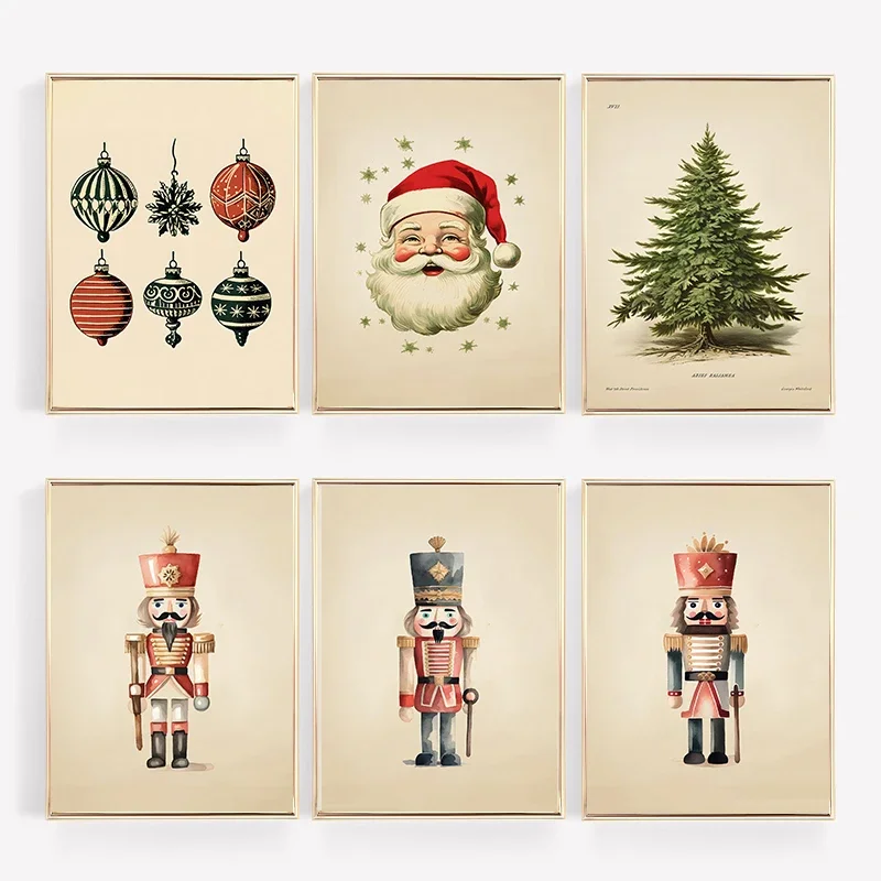 Vintage Christmas Tree Nutcracker Santa Claus Canvas Prints Festive Holiday Wall Art for Living Room Home Decor