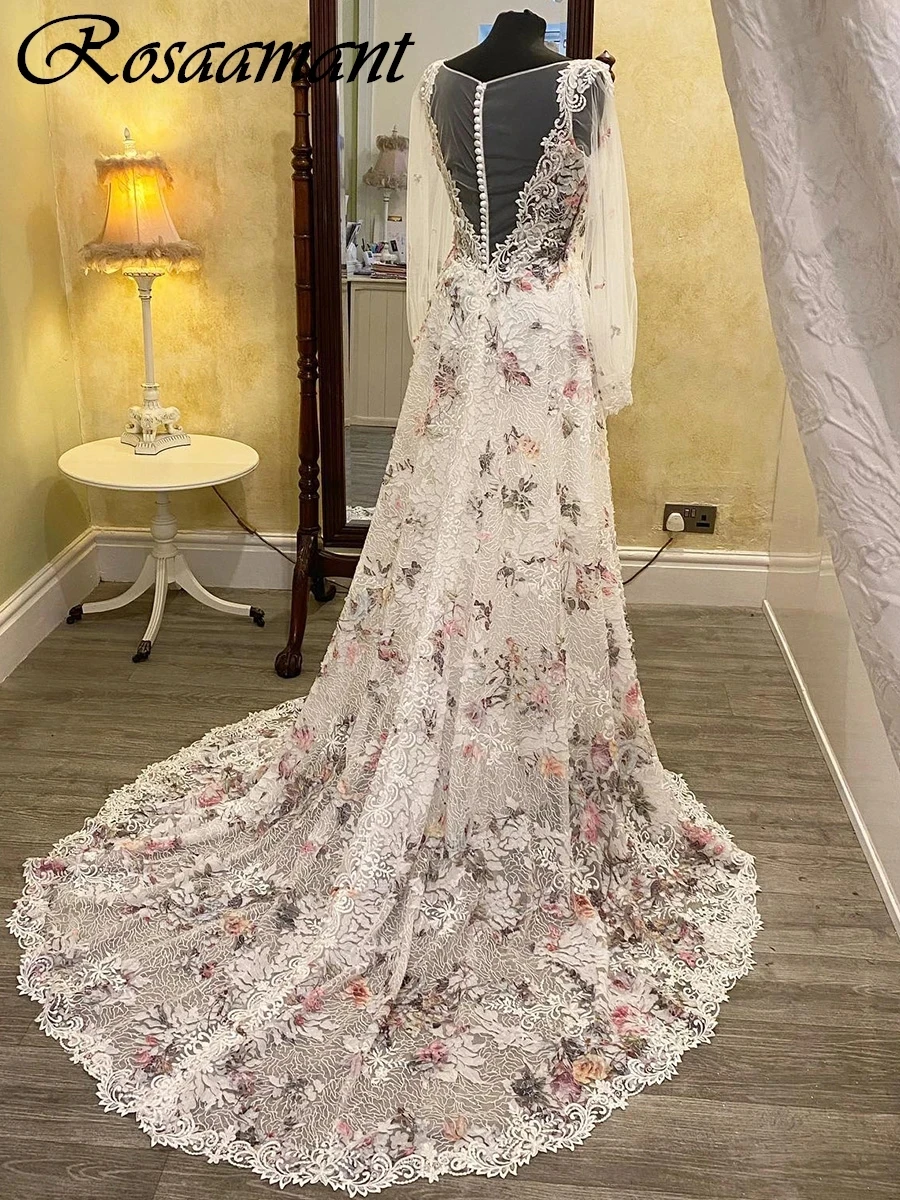 

Real Image Sweetheart Long Sleeve Wedding Dresses A-Line Illusion Back Colorful Appliques Lace Bridal Gowns Robe De Mariée