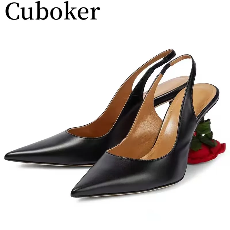 

Rose Flower Heels Wedding Pumps Pointy Toe Black Leather Sandals High Heels Slingbacks Summer Sexy Party Dress Shoes for Women