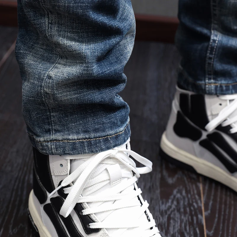 Italian Style Fashion Men Jeans Retro Blue Elastic Slim Fit Ripped Jeans Men High Quality Vintage Designer Denim Pants Hombre