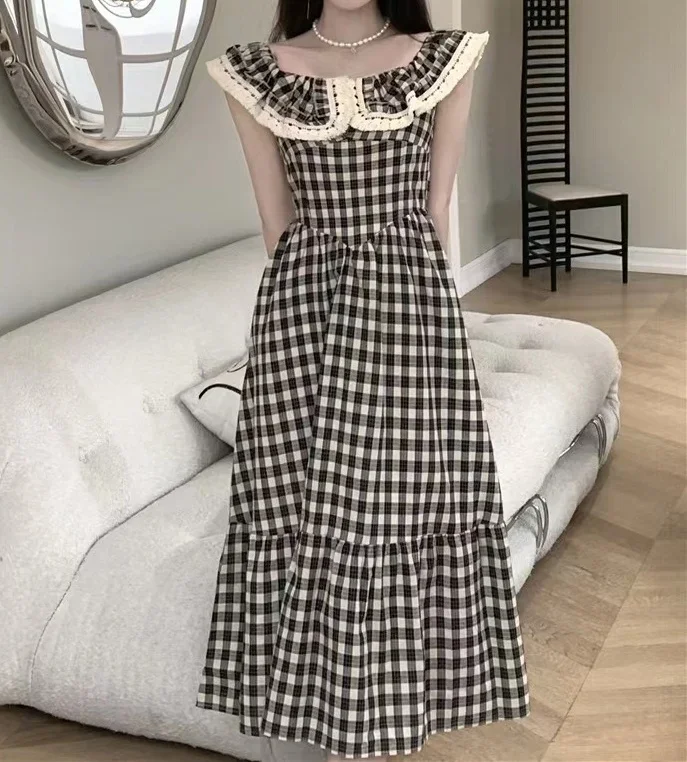 

2024 Summer New Retro Plaid Dress Long Elegant Fashion Woman Young Girls Dresses for Holiday Female Beautiful Ladies Dress
