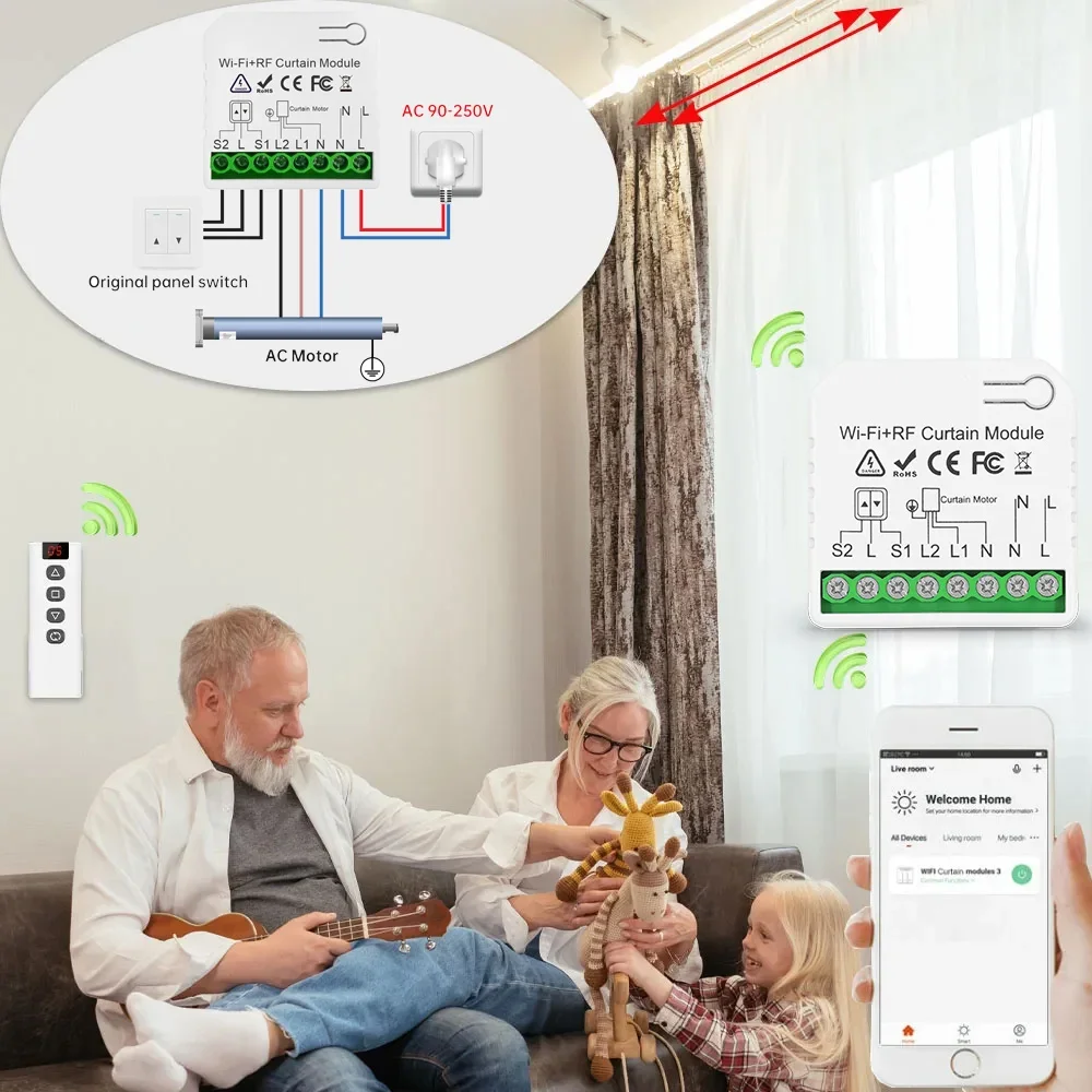 Wifi Rf 커튼 스위치 Tuya 스마트 라이프 롤러 셔터 모듈 433mhz 5-IN-1 원격 제어, 차고 문 창 블라인드 Alexa 용