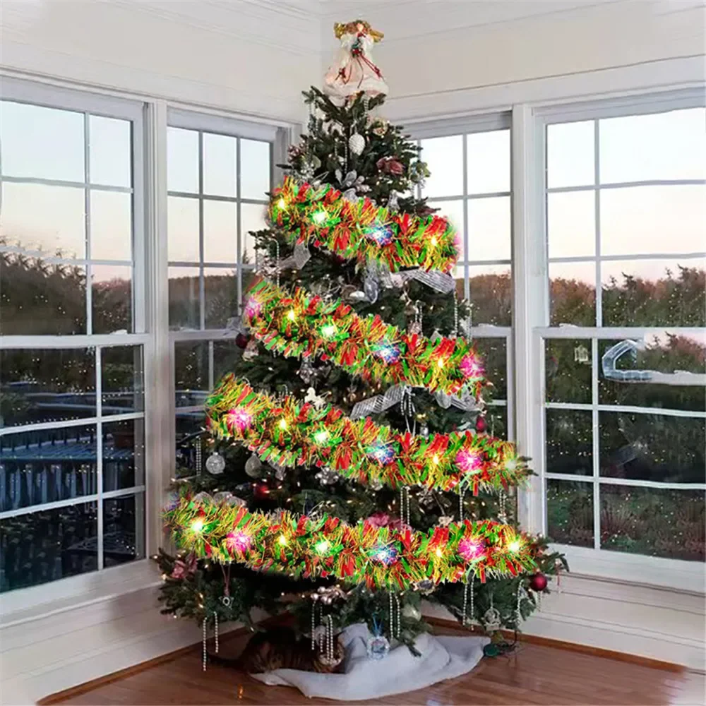 Metallic Christmas Tinsel Garland with LED Lights for Home Decor