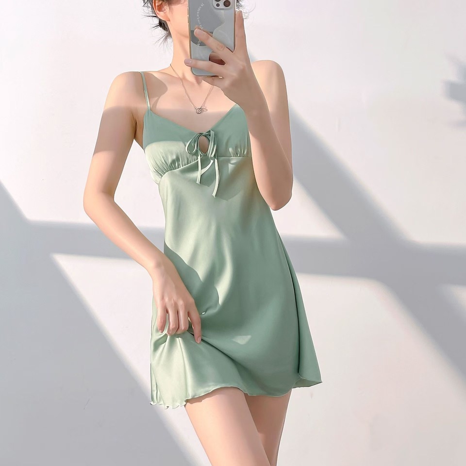 Summer New Sexy with Corset Pad Sling Ice Silk Nightgown Girls Silk Pure Desire Wind Sexy Sling Pajamas Home Wear Dresses