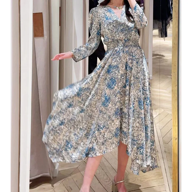 

French high-end women's wear, spring and summer cool feeling, waist irregular print dress, slim-fit skirt, holiday skirt