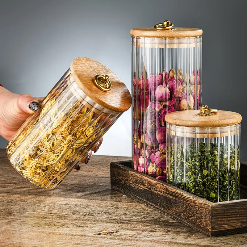 

Kitchen Canister Glass Food Jar with Sealed Bamboo Lid Kitchen Pantry Grains Cookie Coffee Tea Candy Snack Storage Bottle Jars