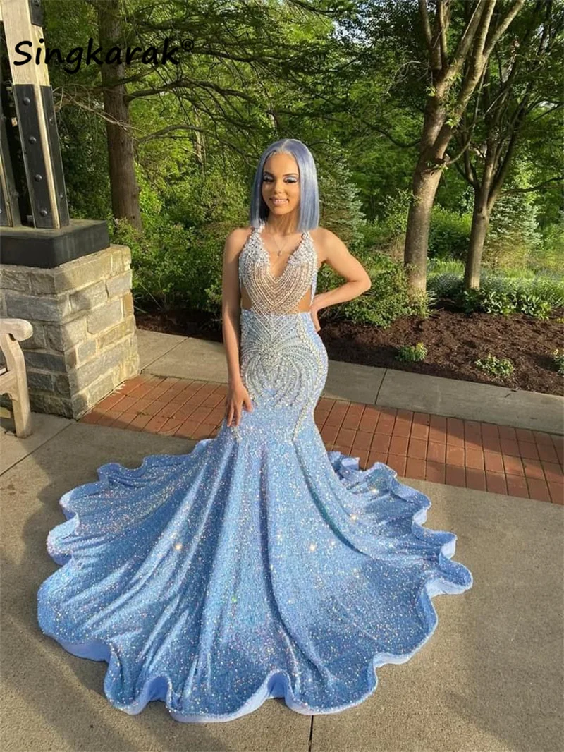 SparklySexyBlueMermaidPromDress2022ForBlackGirlsSequins