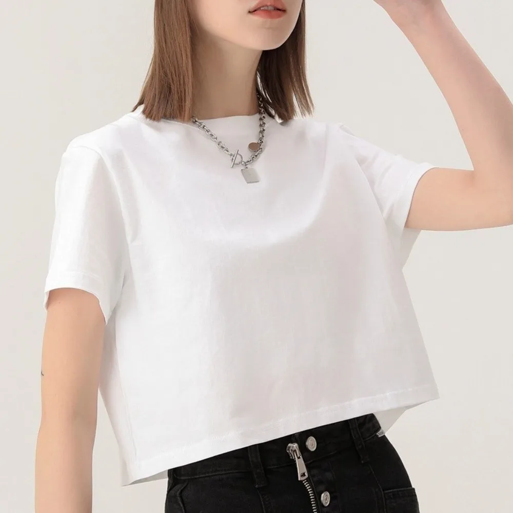 Description Picture 6 of itemIns Fashion U Neck Ultra Short T-Shirt Solid Color Korean Style Korean Short Tops Basic T-shirt Loose Black White Crop Top Dance