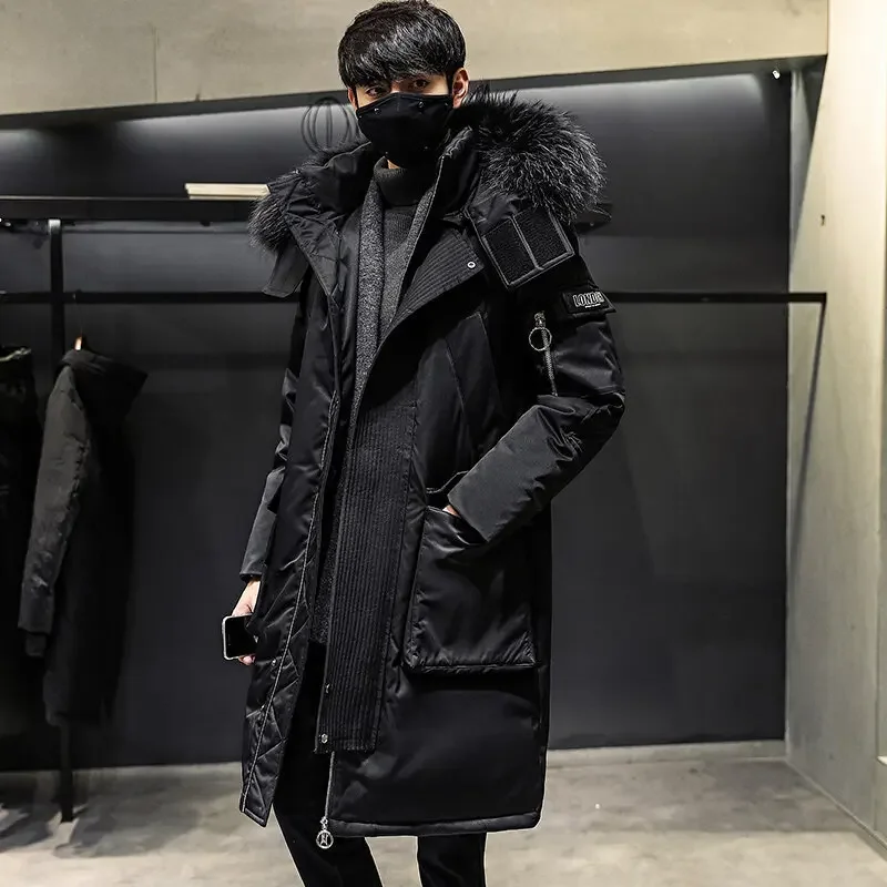 Thickened Men's Down Coat with Hooded Faux Fur Collar Winter Long Parka Jacket Outdoor