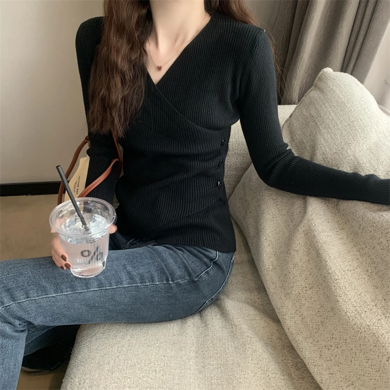 Surplice Sweater for Women Pullovers Ribbed Knit V-Neck Long Sleeve Button Side Plain Jumper Teen-girl Fall Winter Basic Outfit 3