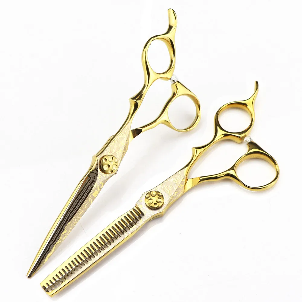 Professionelle 6'' Gold Damaskus Haarschneideschere Blumenschraube Haarschnitt Effilierschere Friseurwerkzeuge Schere Friseurschere – Detail 6