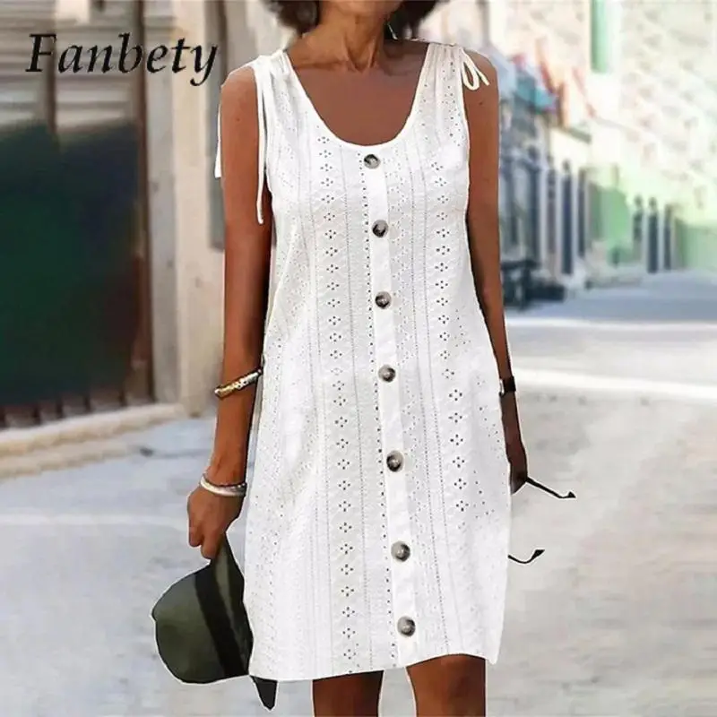 

Женское винтажное однотонное платье с U-образным вырезом, летнее модное платье без рукавов на пуговицах, женское Повседневное платье на бретелях с бантом, платье 2023