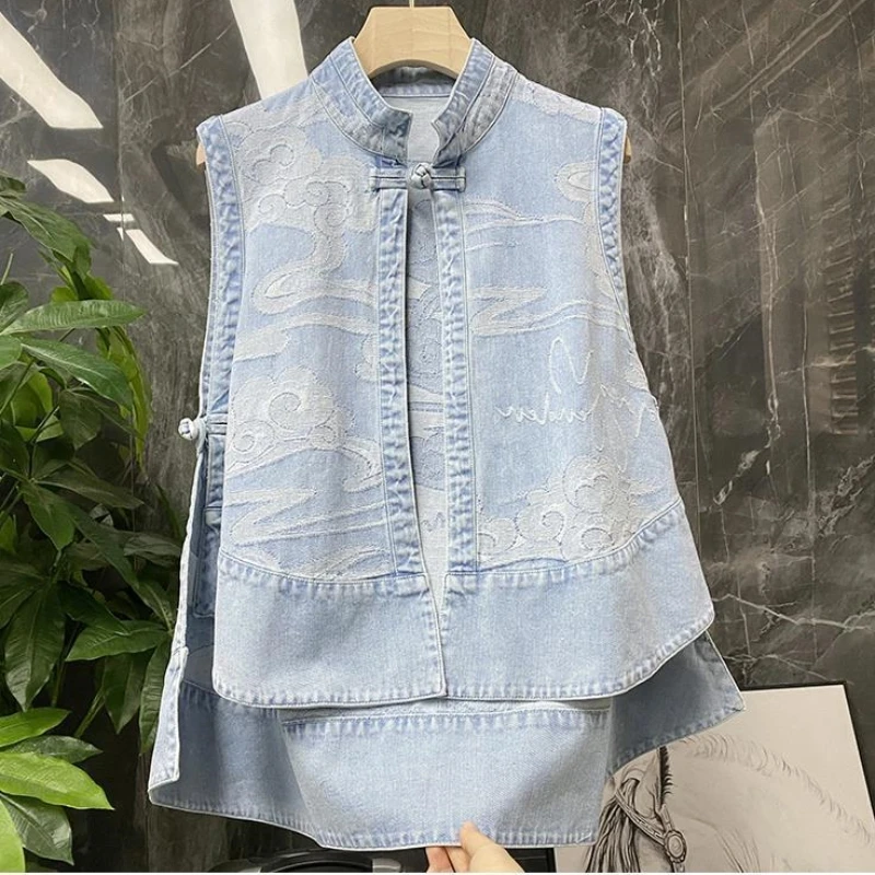 2024 Summer New Chinese Embroidered Cowboy Vest Women's Loose and Thin Style Fashion and Atmosphere Tank Top Trendy Coat Topt 2024 summer new high end atmosphere imitation silk fashion wave dot printed tank top cardigan sleeveless outer wear slim top