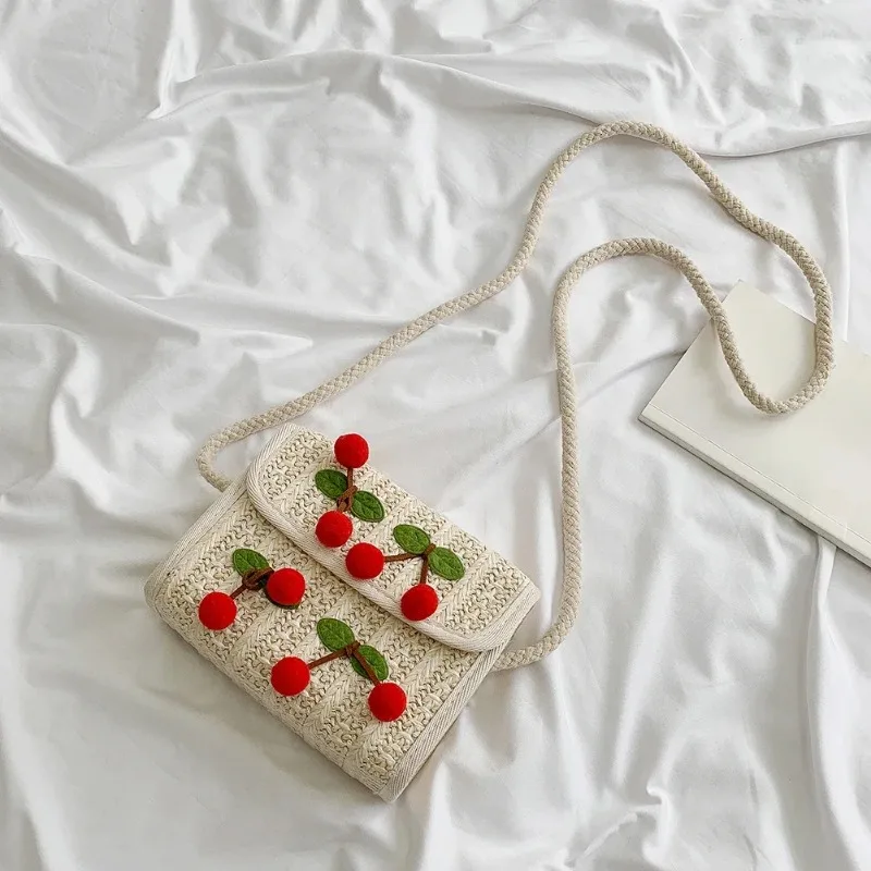 Imitation Grass Woven Small Bag Women's Cute Cherry Shoulder Bag Straw Beach Casual Handbags Girls Sweet Crossbody Bags