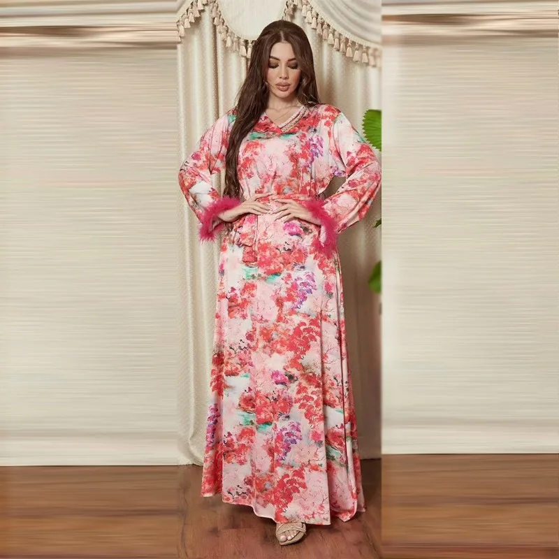 Dress Djellaba Diamond Fashion Ostrich Feather Muslim Long Dress abaya femme  robes femmes élégantes chic