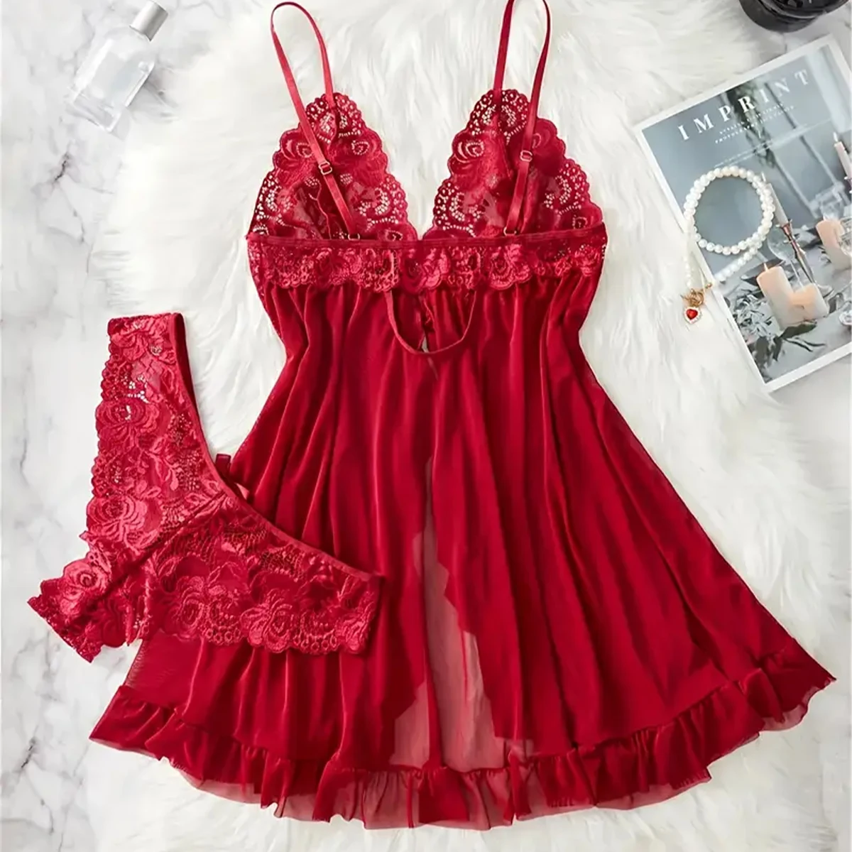 Blue Contrast Lace Ruffle Trim Lingerie Set Women's Nightdress See Through Deep V Mini Dress and Thong Nightgowns Underwear 4