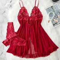 Ensemble de Lingerie en dentelle contrastée bleue, garniture à volants, chemise de nuit transparente pour femmes, Mini robe en V profond et string, sous-vêtements 4