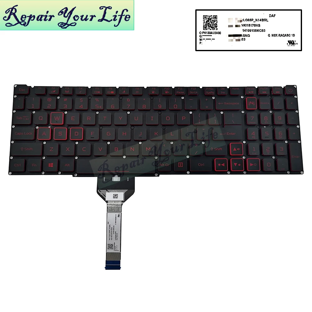 Teclado para Jogos Retroiluminado para Laptop ru Russo Eua Teclado para Acer Nitro An51556 An515-57 Luz Vermelha Lg05p N10brl N14brl Novo