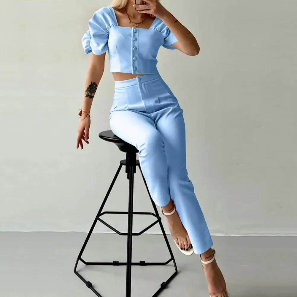 

Ol Commuting Outfit Elegant Women's Office Suit with Puff Sleeves High Waist Trousers Chic Square Neck Crop Top Set for Commute