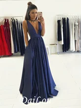 

Dark Navy Taffeta Evening Dresses Deep V-Neck Robe de soiree vestidos de fiesta Pleat Women prom dresses With Pockets