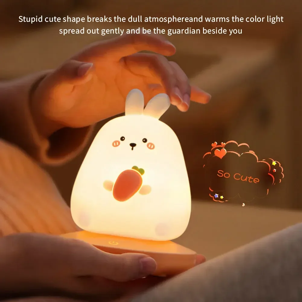 어린이 침실용 LED 야간 조명, 귀여운 동물 돼지 토끼 실리콘 램프, 터치 센서, 조도 조절, 어린이 휴일 선물, 충전식