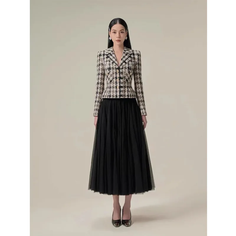 

2024 Plaid Jacket Puffy Mesh Midi Skirt Women Suit