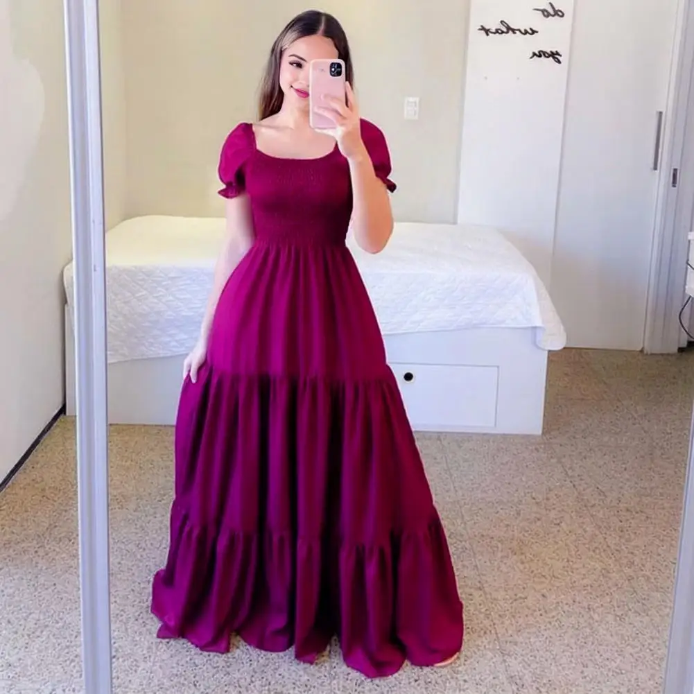 

Women Large Hem Dress Elegant Off Shoulder Maxi Dress with Pleated Hem Square Neckline Women's A-line Evening Gown for Formal