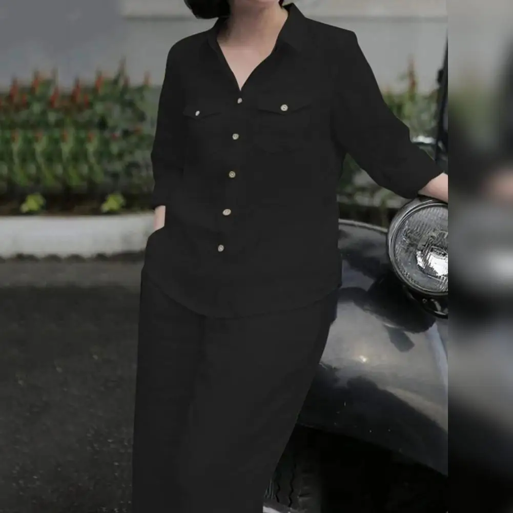 

Two-piece Suit Solid Color Lapel Shirt Trousers Set with Long Sleeve Pockets for Commute 2 Piece Loose Fit Outfit Long Sleeve