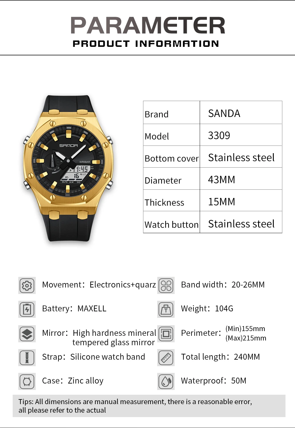 SANDA 3309 Top Brand New Men's Watches 5ATM Waterproof Sport Military Wristwatches Quartz Watch For Men Clock Relogio Masculino