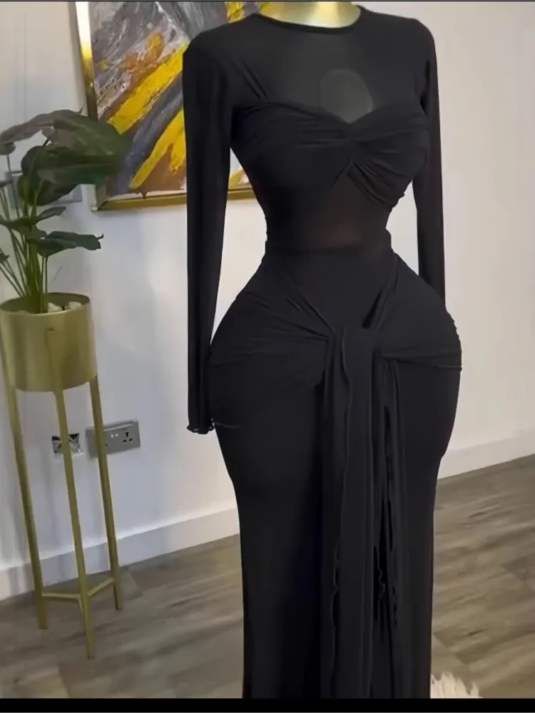 New Women's Long Dresses Sexy Round Neck Full Sleeve High Waist Elegant Splice Bodycon Evening Vestidos Maxi Party Night Dress 4