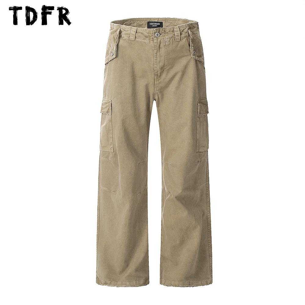 

Raw Edge Cargo Pants Mens Safari Style Washed Distressed Casual Multi-Pocket Loose Wide Leg Trousers Men