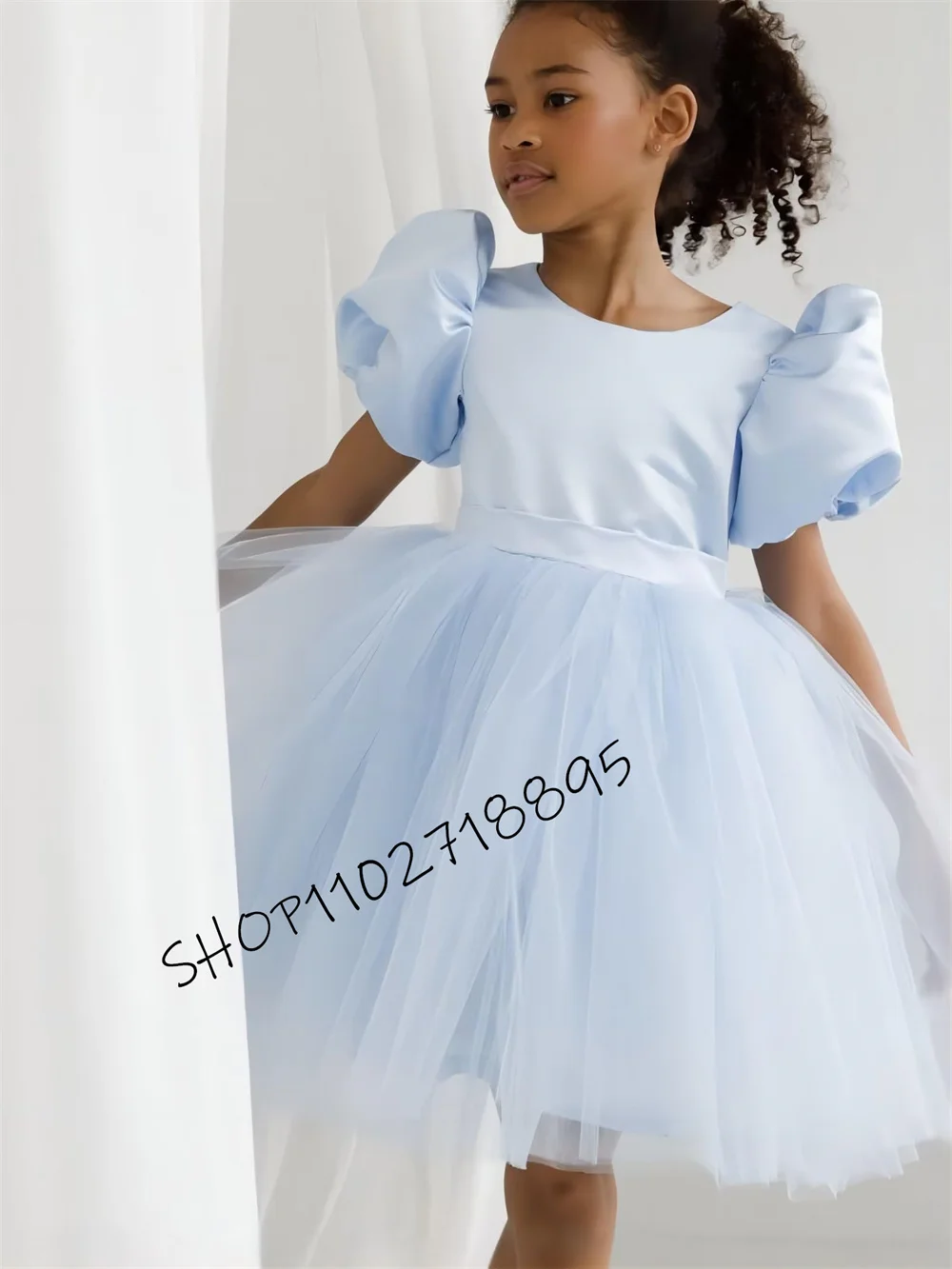 

Puff Sleeve Flower Girl Dresses for Wedding Tutu Birthday Party Satin Tulle Pageant Prom Dress with BowKnot Girls Ball Gown