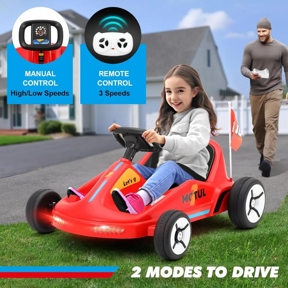 Kids Ride On Car, 12V7AH Battery Powered Electric Cars for Kids, Ride On Toy with Remote Control, Flag, Music, Lights, Red