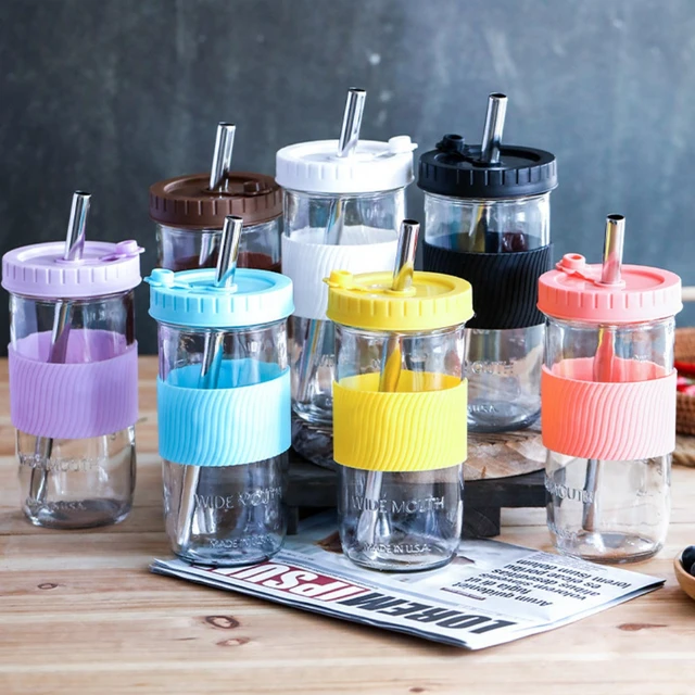 Reusable Smoothie Cups Boba Tea Cups with Lid and Straw Bubble Tea Cup  Glass Tumbler Travel Mug Wide Mouth Mason Jar Cups - AliExpress