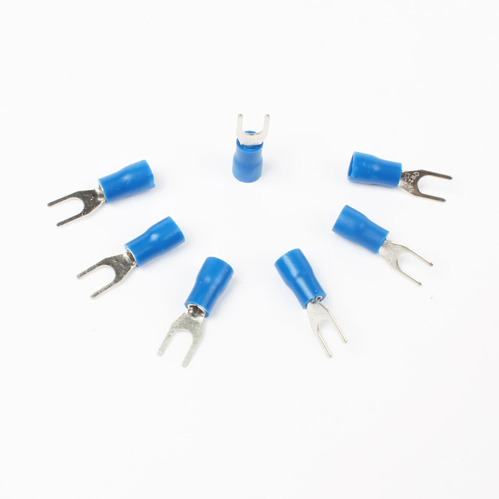 Blue Furcate Cable Wire Connector - 100 Pack Pre-Insulating Fork Spade 16-14AWG Crimp Terminals