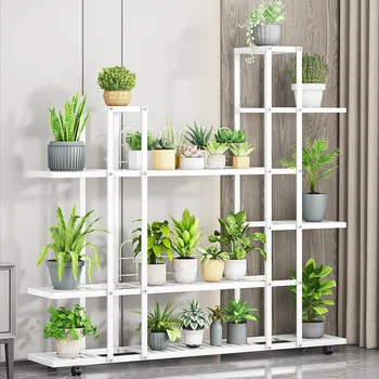 Plant Stand Indoor Outdoor Wrought Iron Multiple Planter Rack Flower Display Organizer with Wheels For Corner Balcony Garden 1