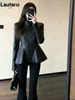 Vestes en cuir PU souple rétro noir pour femmes Lautaro, printemps-automne, col montant zippé, vêtements élégants de luxe de créateur 2