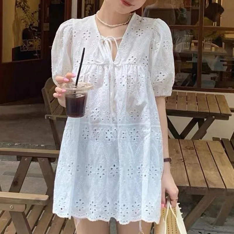 2023 New Summer Fashion Chubby Mm Oversized V-neck Lace Up Cut Out Lace Loose Casual Bubble Short Sleeved Buttocks Shirt women bottoming o neck short pants winter solid knitted sports jumpsuits romper pullover bodysuit slim buttocks clothing outfits