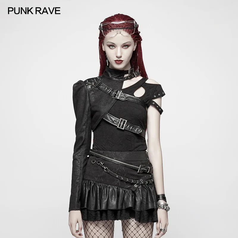 

Punk Rave Women Punk One-arm Rivet Sexy Short Coat Jacket Heavy Metal Soldier Black Cosplay Stage Performance Costumes