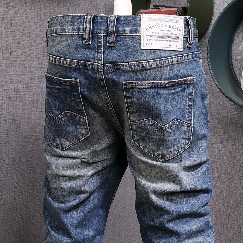 Newly Vintage Fashion Men Jeans High Quality Retro Blue Stretch Slim Fit Ripped Jeans Men Casual Designer Denim Pants Hombre