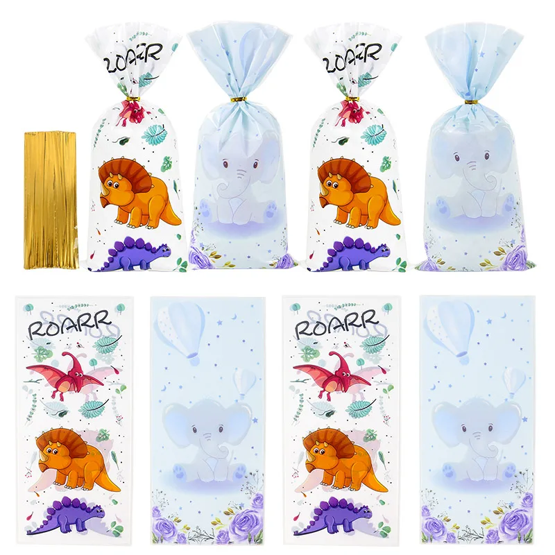 

Elephant Dinosaur Candy Bags With Gold Twist Ties Plastic Cookie Dessert Packaging Bags Kids Baby Shower Birthday Party Supplies